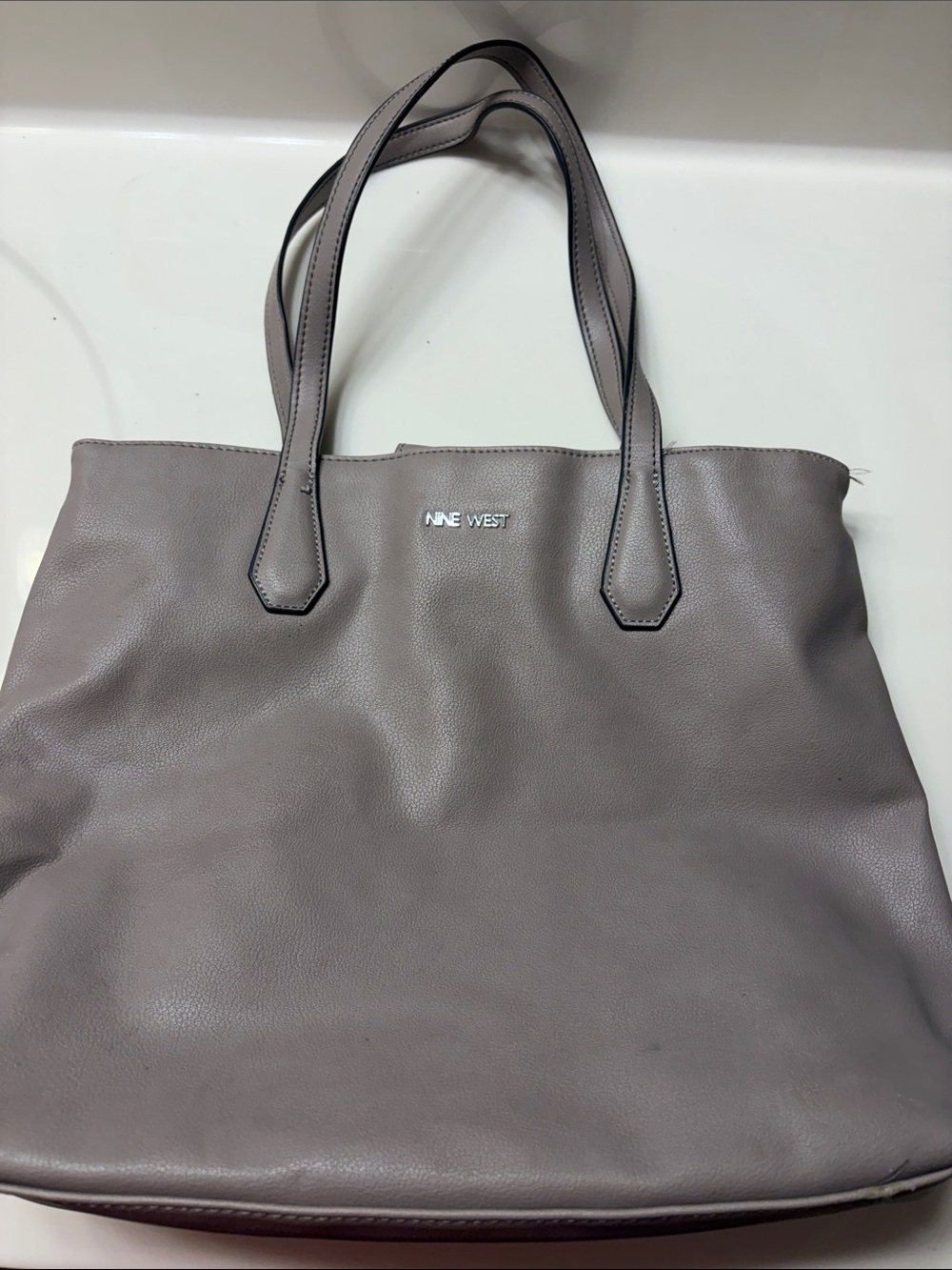 Nine West Taupe Gray Leather Tote few spots, see spots